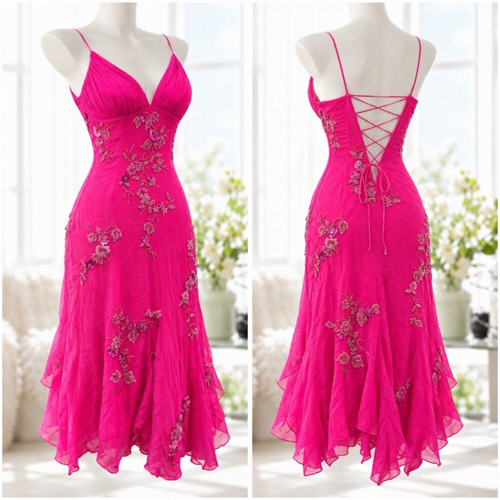 Vintage Scala 100% Silk Hot Pink Beaded Embroidered Midi Dress XS Y2K